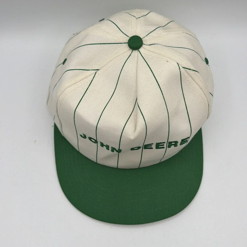 Vintage John Deere White Pinstripe Snapback Hat Green Agriculture USA